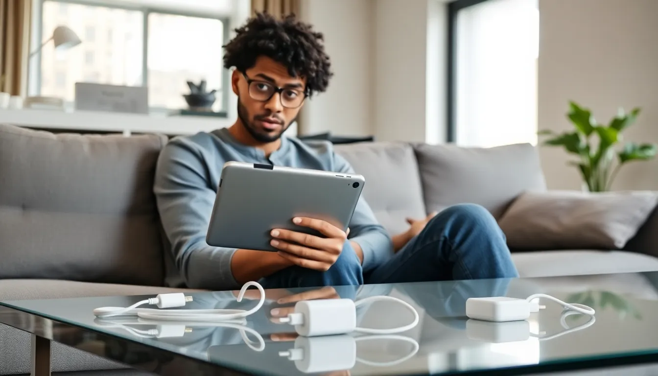 person sitting with a Samsung tablet in a modern living room.