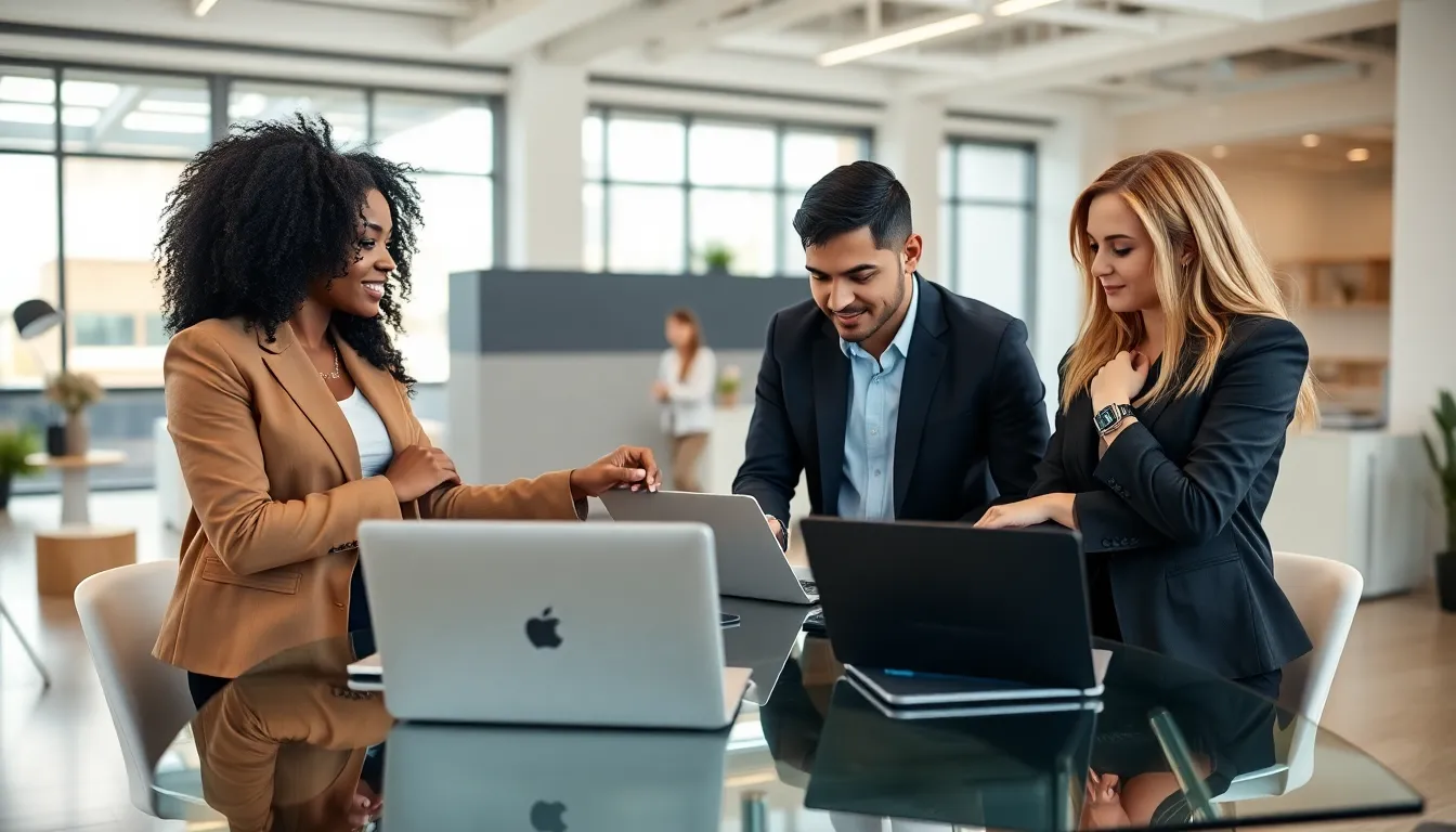 professionals discussing wearables in a modern office setting.