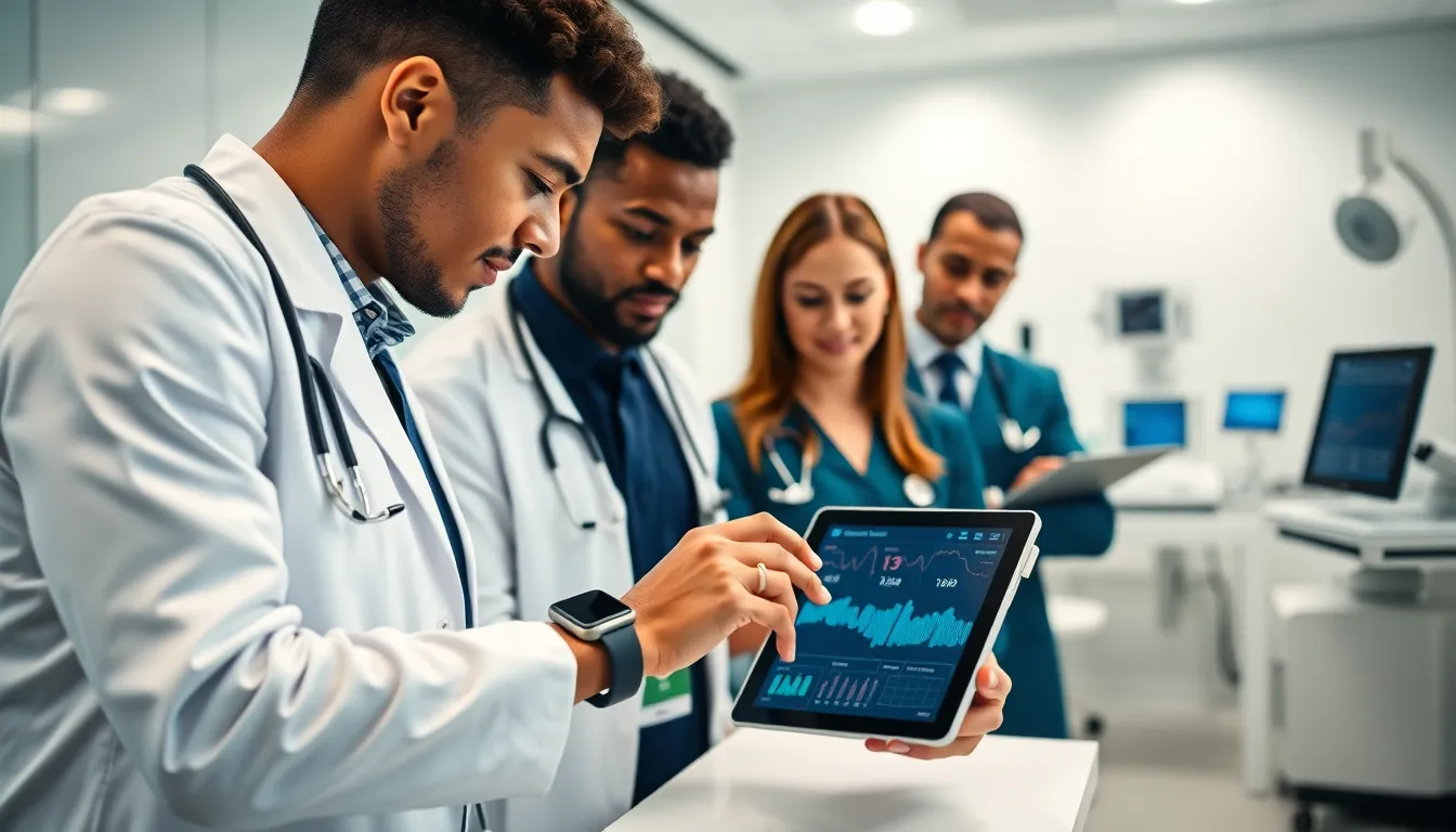 medical professionals analyzing data from wearable health devices.