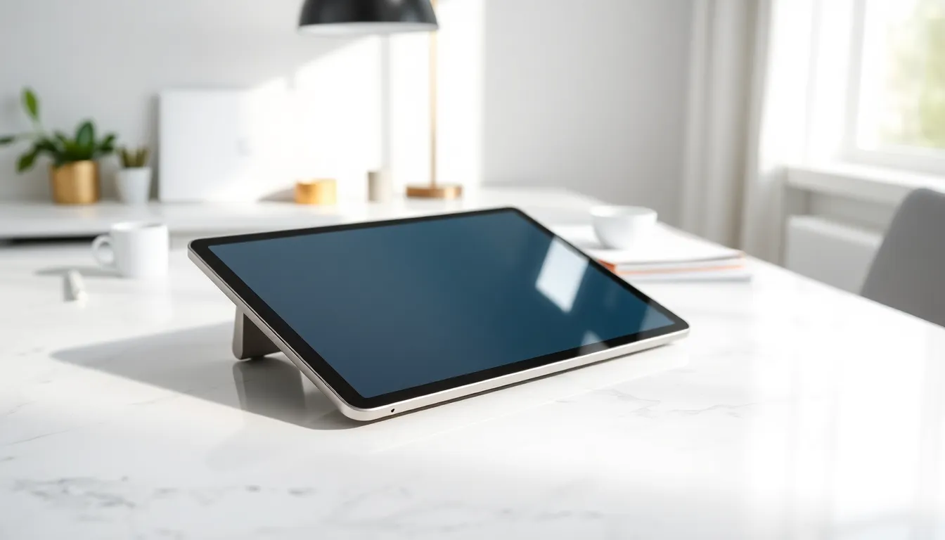 Samsung Galaxy Tab A9+ on a modern workspace desk.